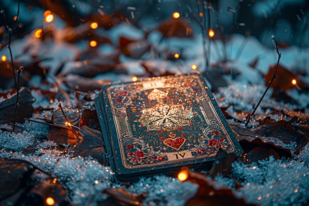 Soft light on the Lovers card with vibrant colors and rich symbolism in a serene environment.