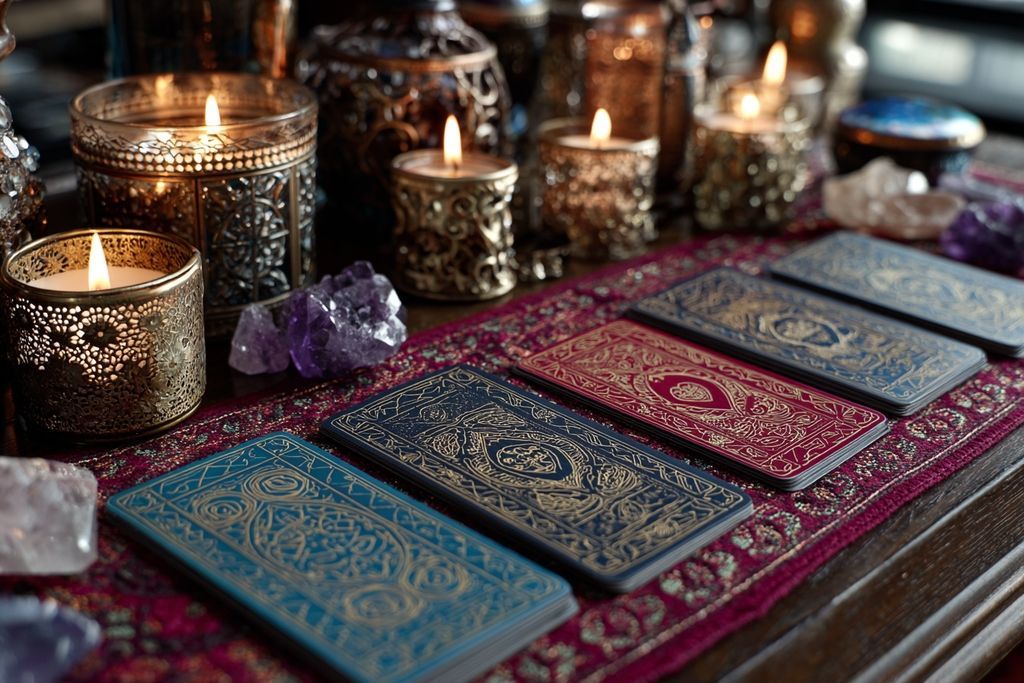 Closeup shot of tarot cards with symbols for love and connection, set among candles and crystals.