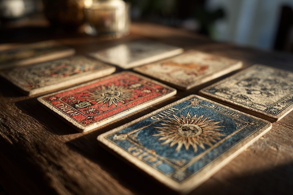 A spread of six tarot cards bathed in natural light, highlighting the detailed artwork on each card.