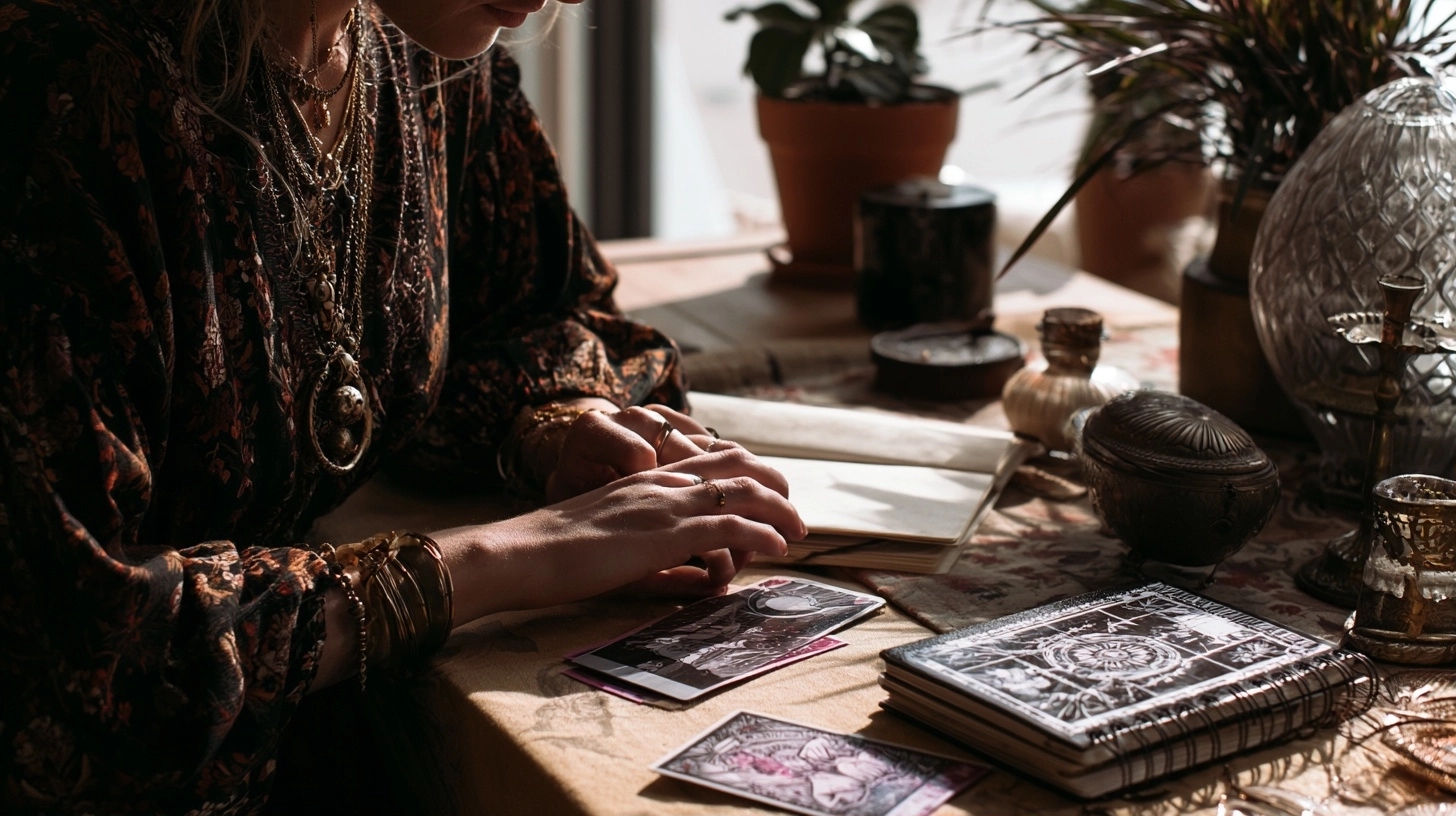 9 de Coupe tarot avec ambiance chaleureuse et carnet