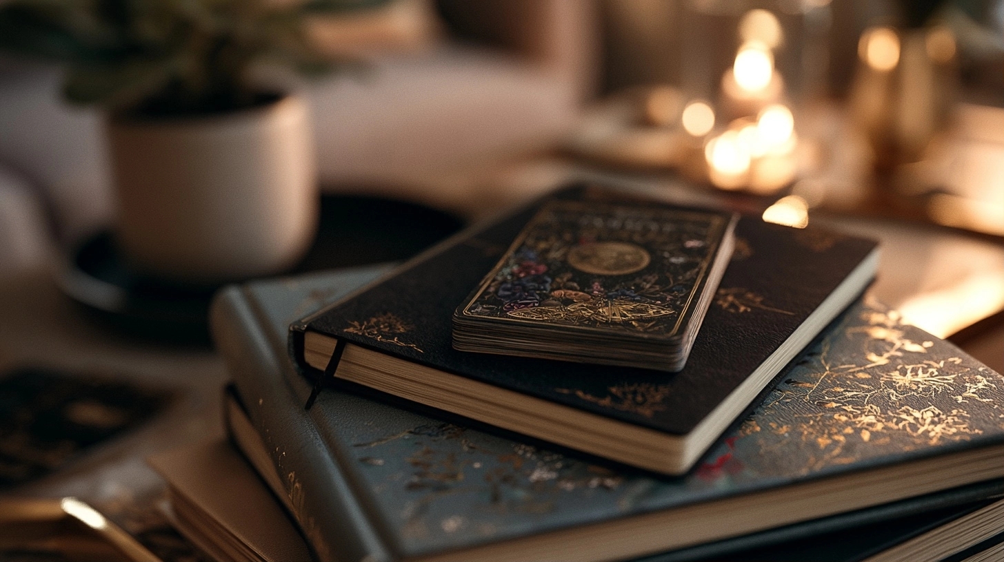carnet refermé et cartes de tarot après un tirage de pleine lune