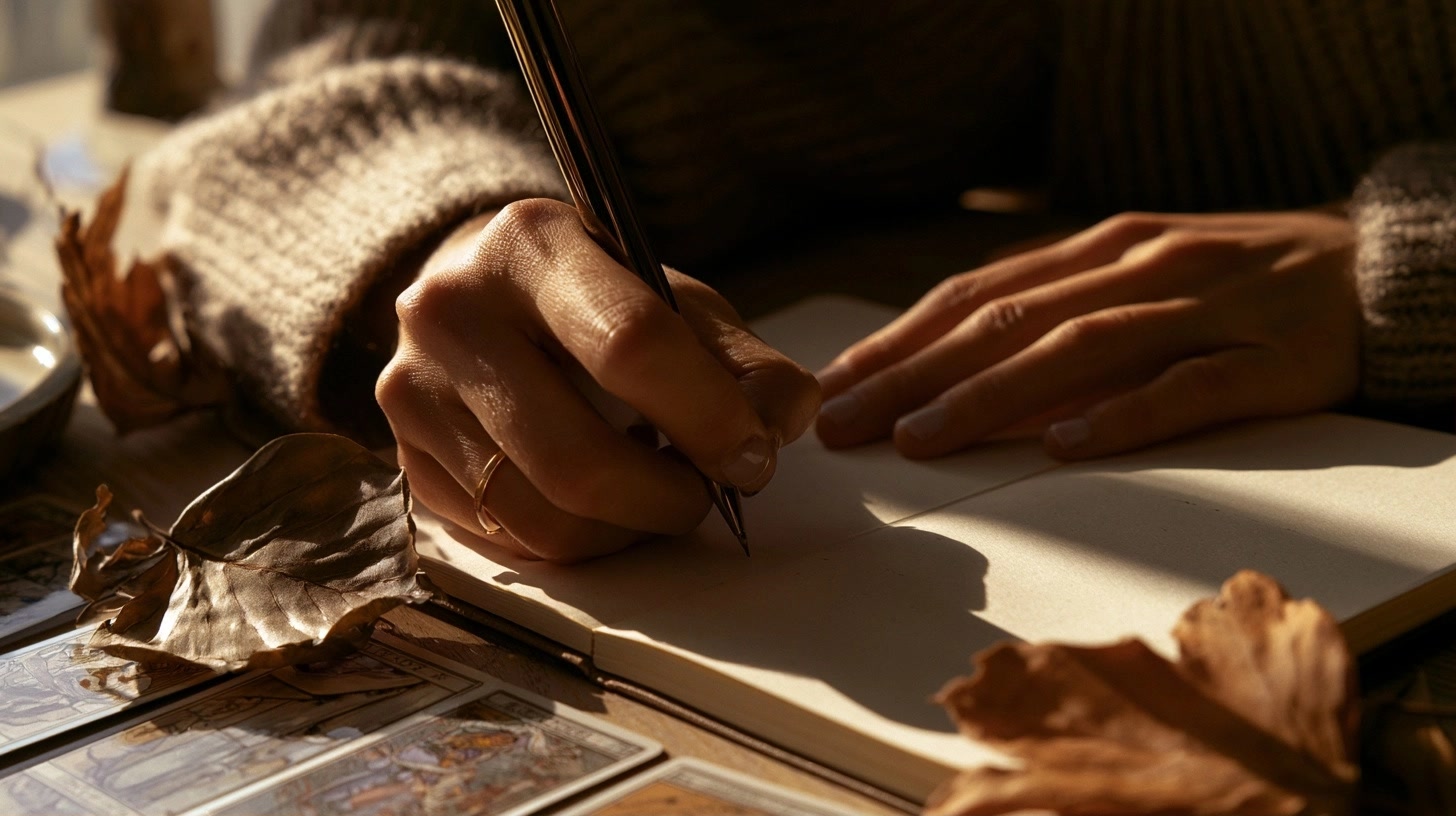 Mains écrivant dans un carnet près de cartes et de feuilles séchées
