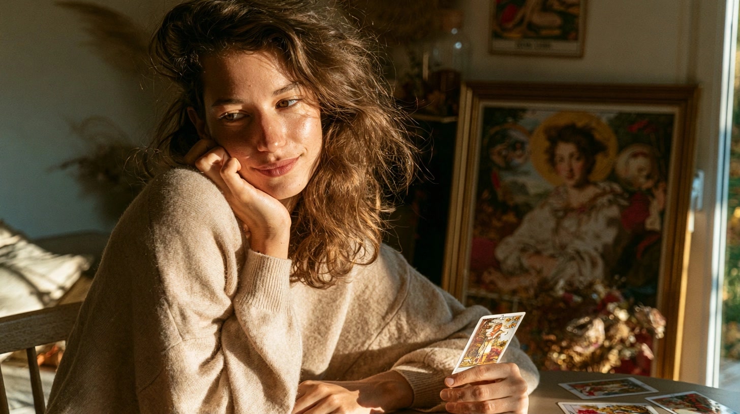 Personne observant une carte de tarot dans une lumière d’automne