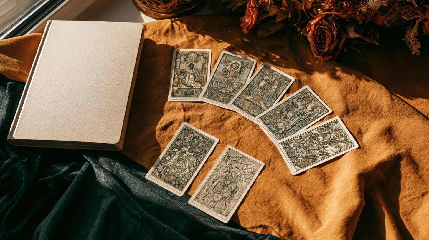 Six cartes de tarot disposées en arc avec un carnet de notes