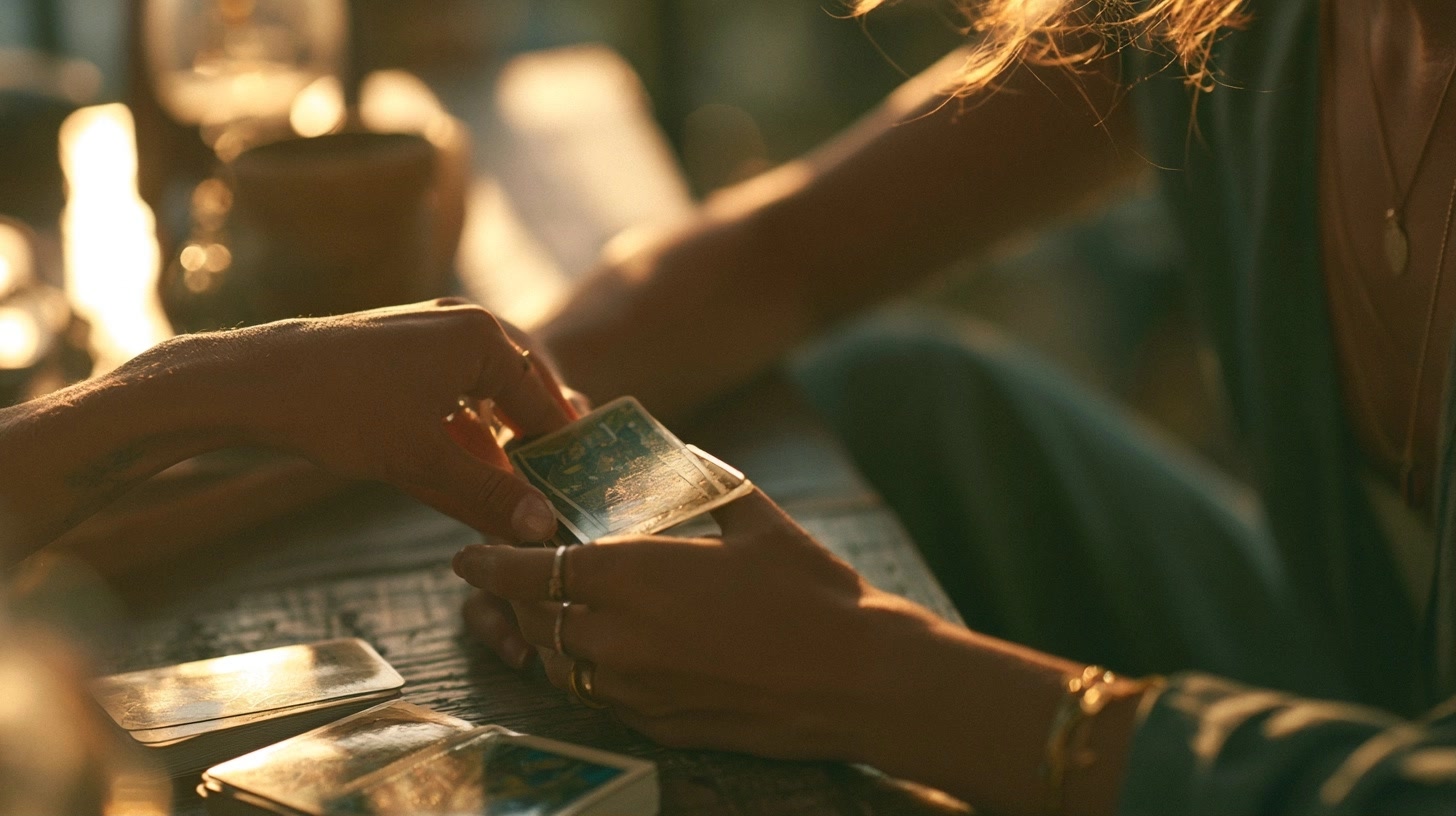 Mains rangeant doucement une carte de tarot