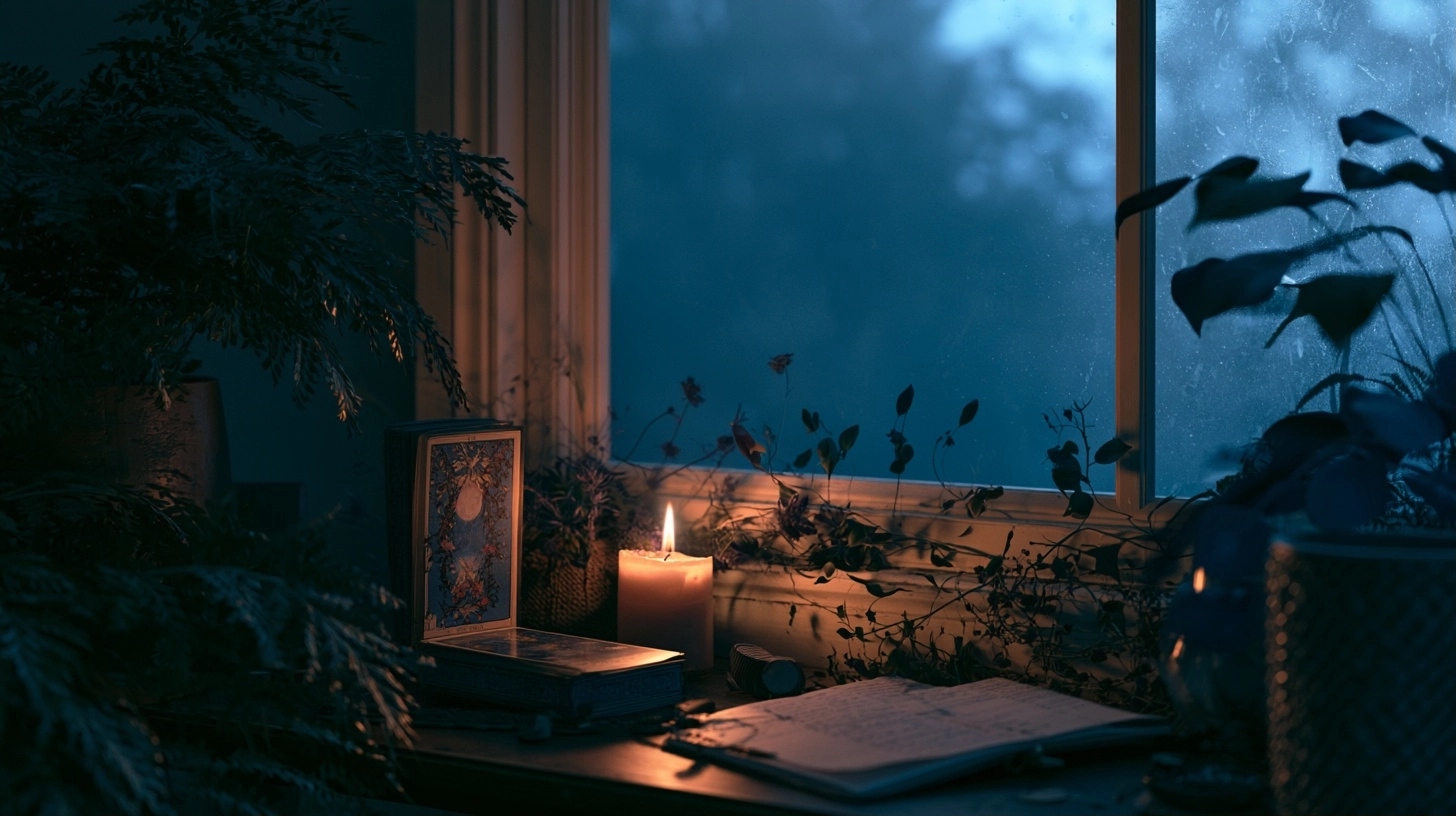 tarot rangé et carnet fermé après un rituel amour de nouvelle lune