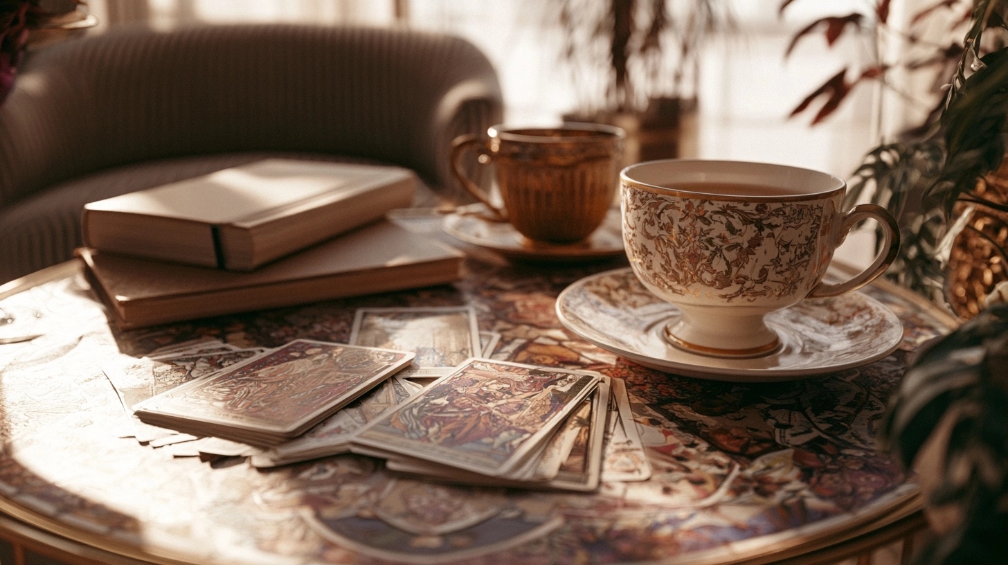 Cartes de tarot et carnet pour analyser plusieurs exemples de tirages amoureux