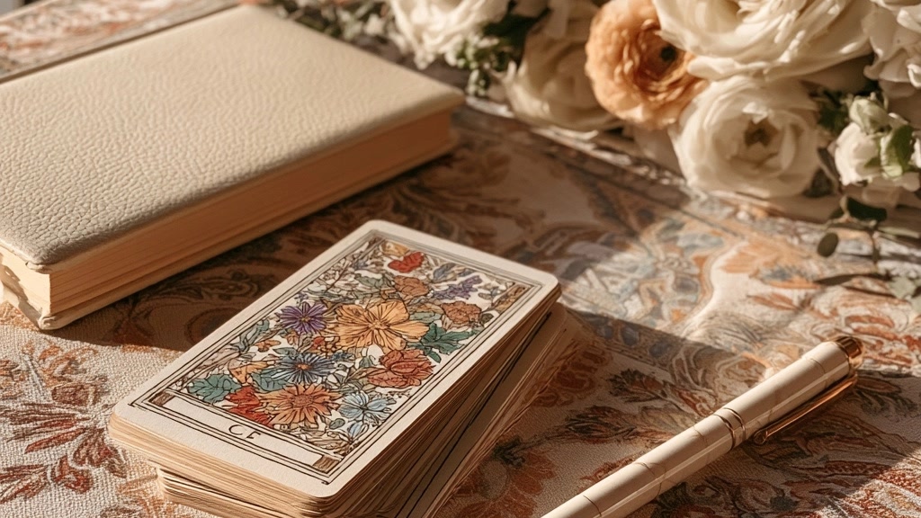 cartes de tarot et carnet pour écrire une intention amoureuse concrète