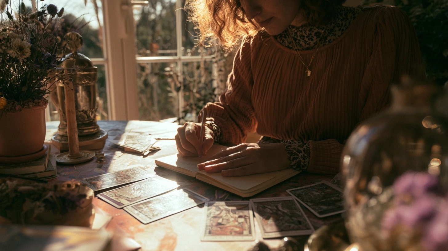 Carnet et cartes de tarot pour interpréter une relation sans projeter ses peurs