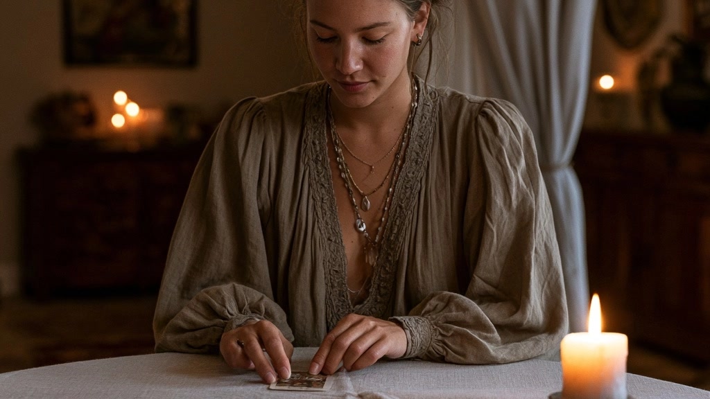 personne interprétant calmement une carte de tarot amour