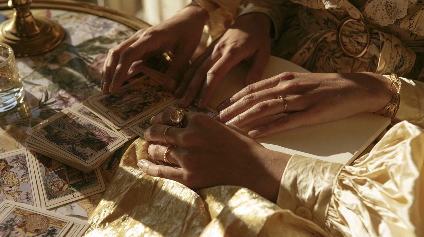 Mains naturelles observant un tirage de tarot près d’un carnet vierge