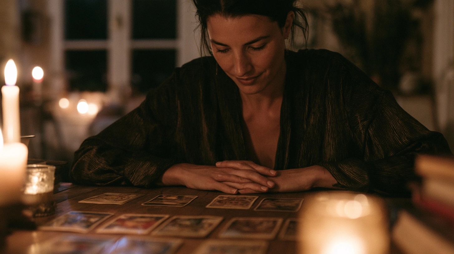 personne interprétant calmement une carte de tarot pendant un tirage