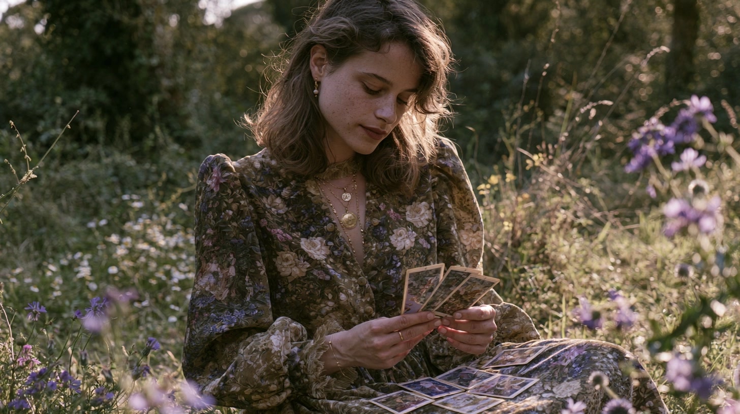 Cartes de tarot observées avec attention dans une ambiance printanière chaleureuse