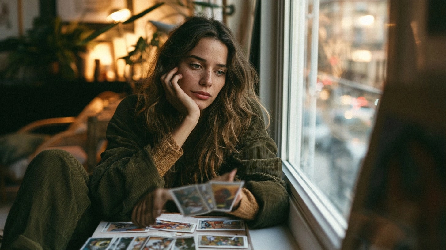 Personne réfléchissant devant des cartes de tarot