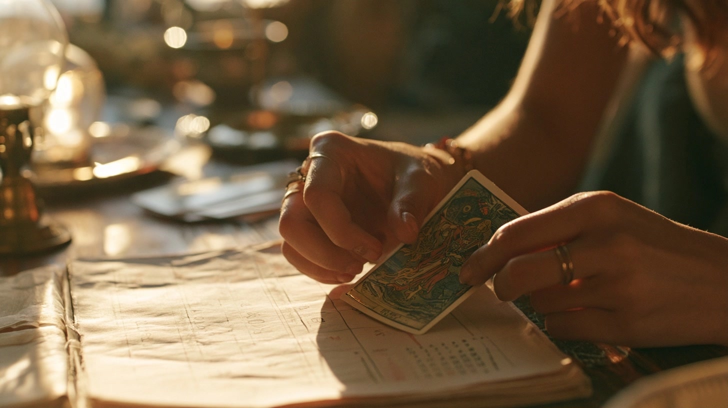Cartes de tarot et calendrier mensuel sur une table