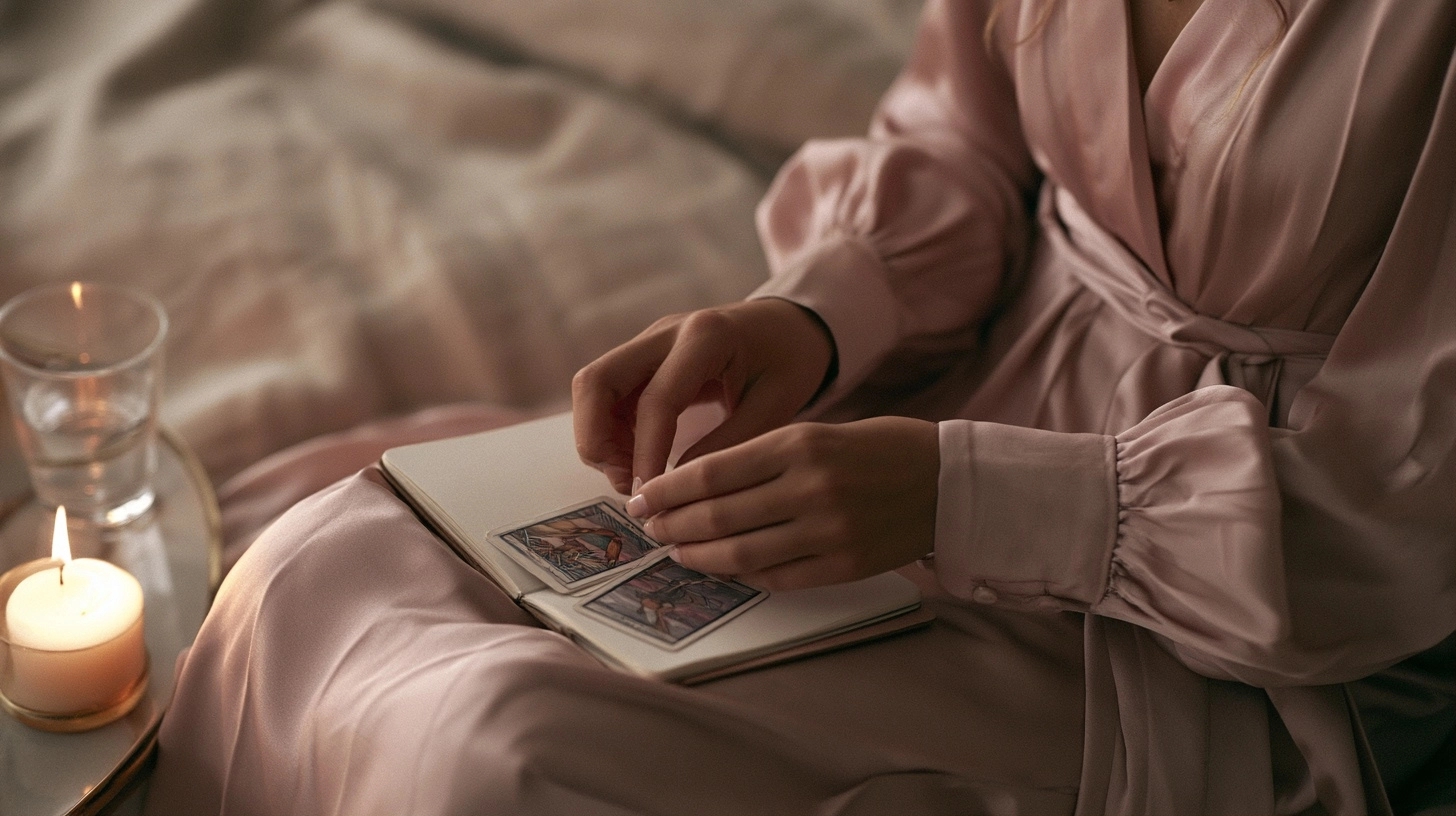 Mains mélangeant un jeu de tarot avec carnet et bougie avant un tirage amoureux