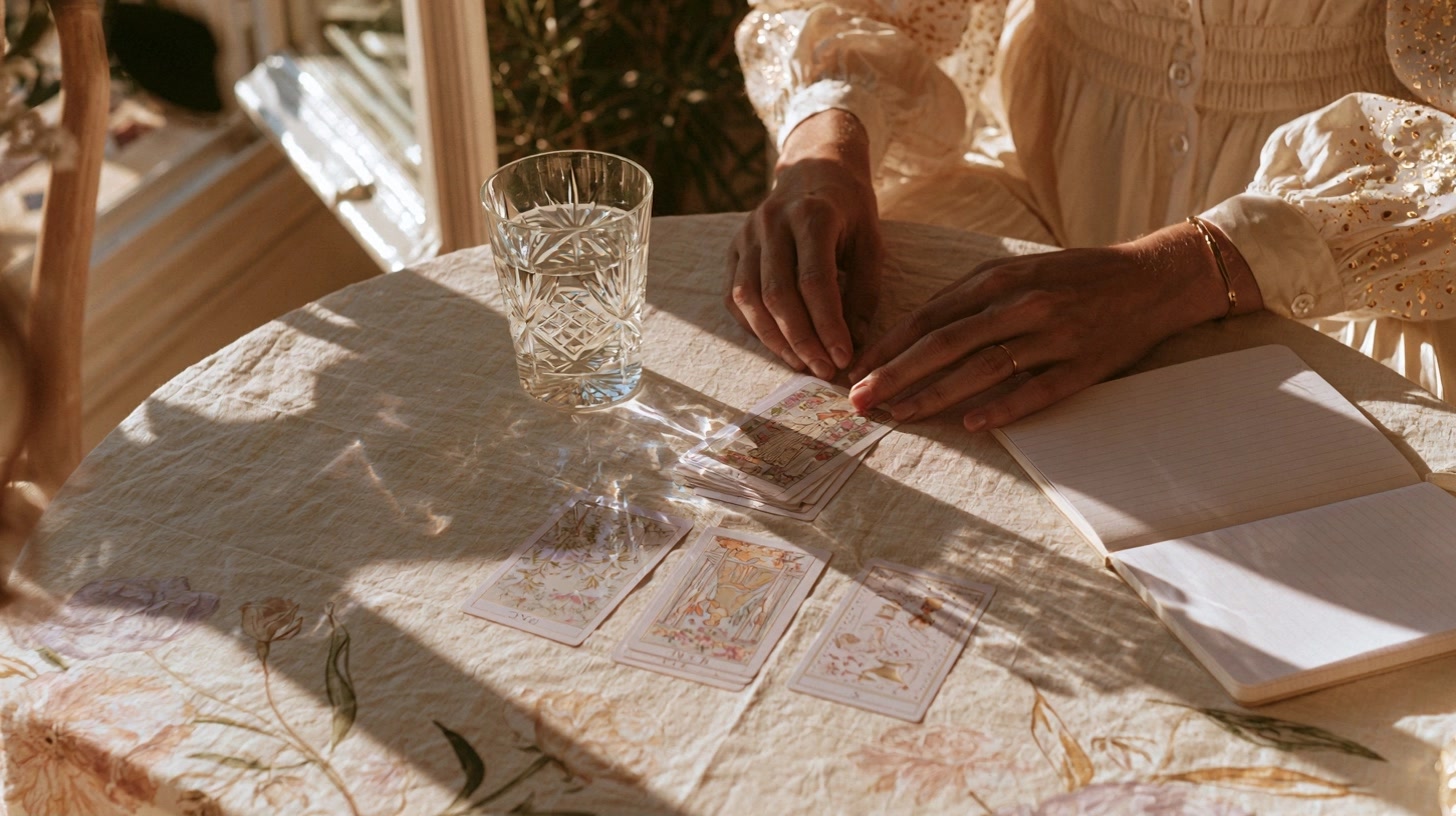 Espace calme avec jeu de tarot, verre d’eau et carnet sans texte lisible