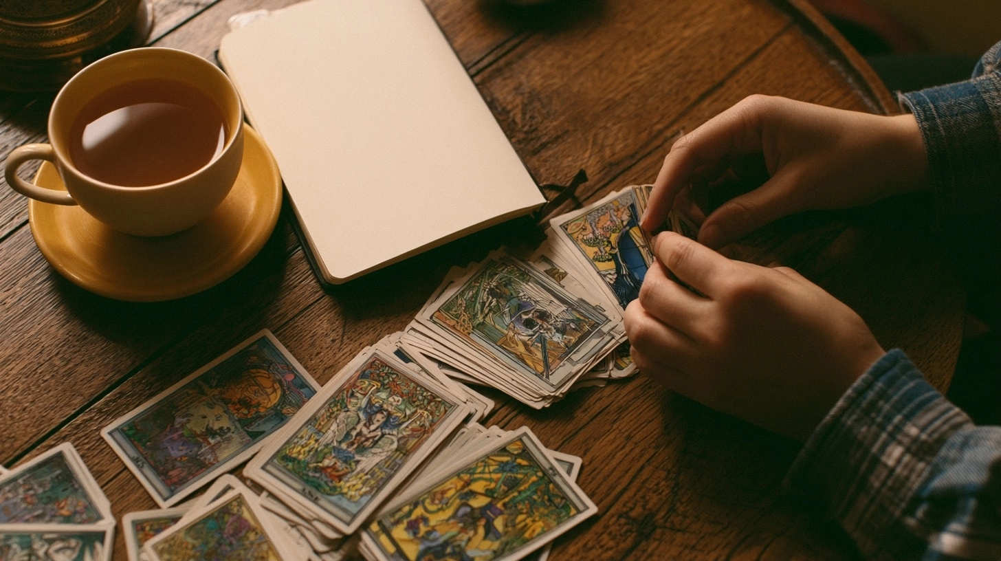 préparation simple d’un tirage tarot pleine lune avec carnet et cartes