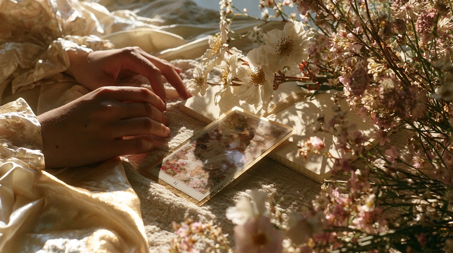 Carte de tarot soutien près d’un carnet et de fleurs fraîches