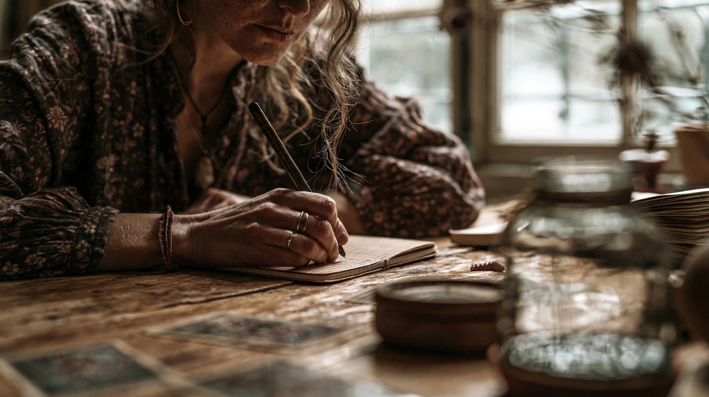 Personne écrivant dans un journal après un tirage de tarot mensuel