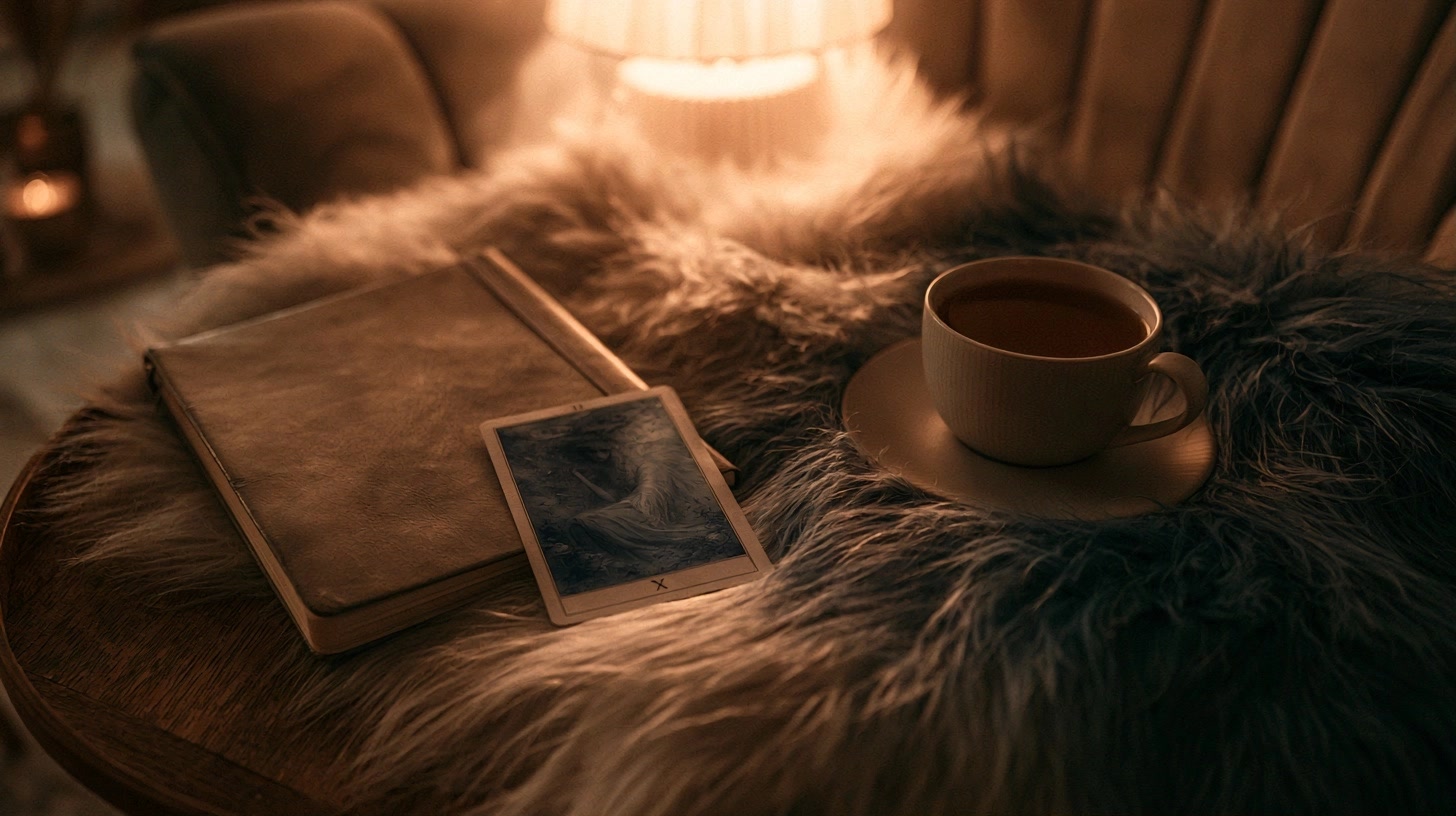 Moment apaisé de fin de journée avec tarot et journal pour clore le mois