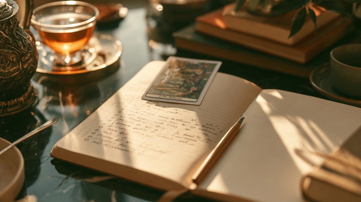 Carnet, carte de tarot et lumière du matin