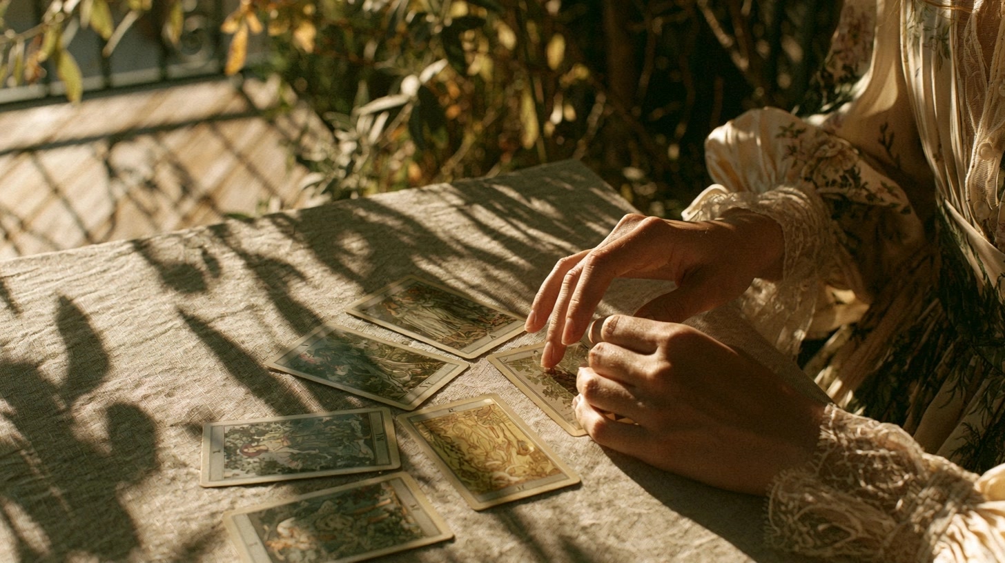 Cartes de tarot et fruits d’été dans une lumière naturelle chaleureuse