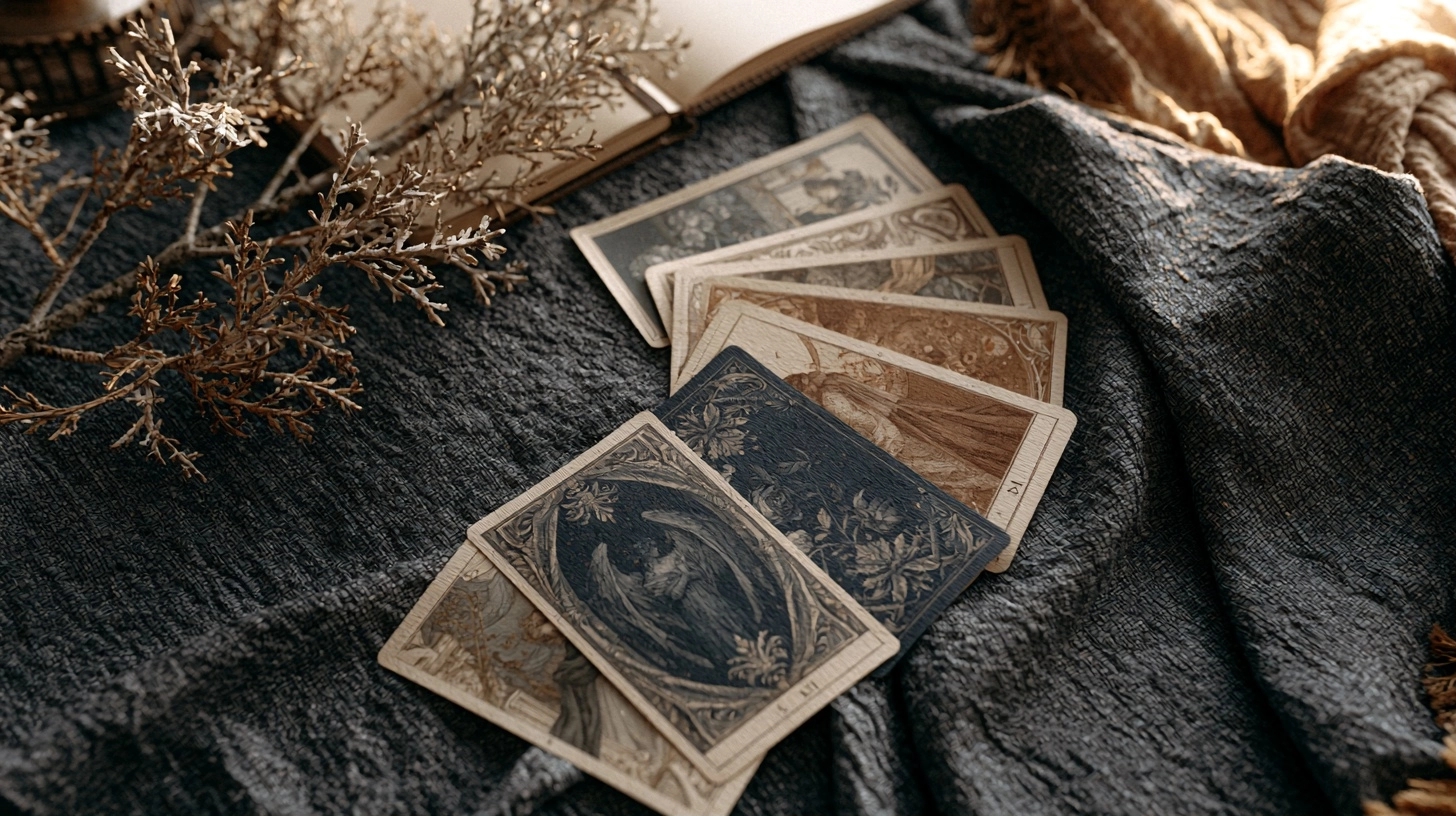 Cartes de tarot et ambiance hivernale pour le tirage d’hiver en sept cartes, position par position