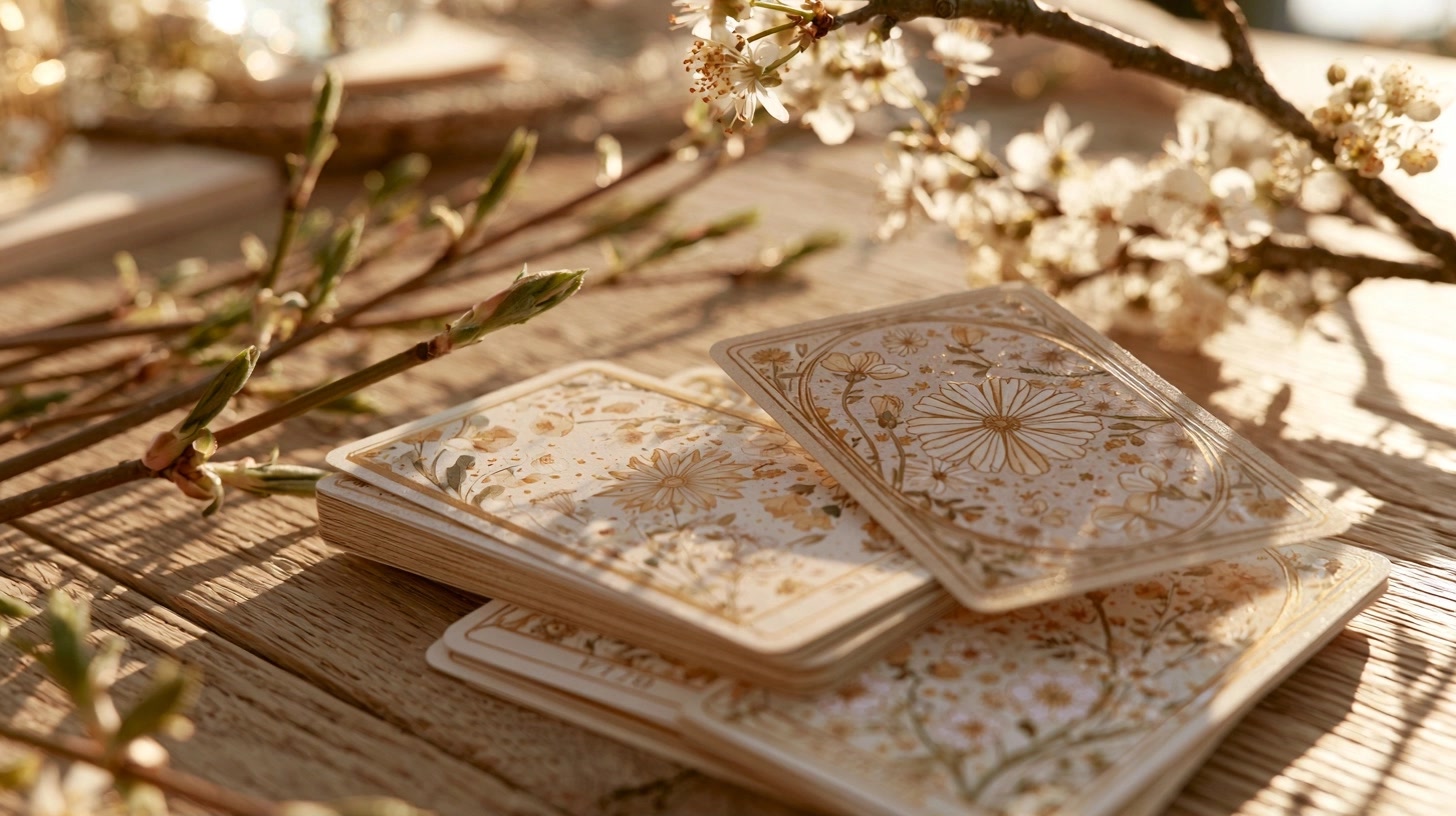 Cartes de tarot entourées de jeunes pousses pour symboliser le renouveau du printemps