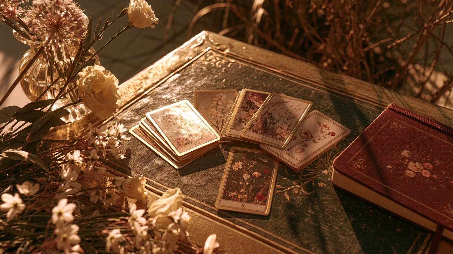 Tirage de tarot en sept cartes disposées avec fleurs printanières