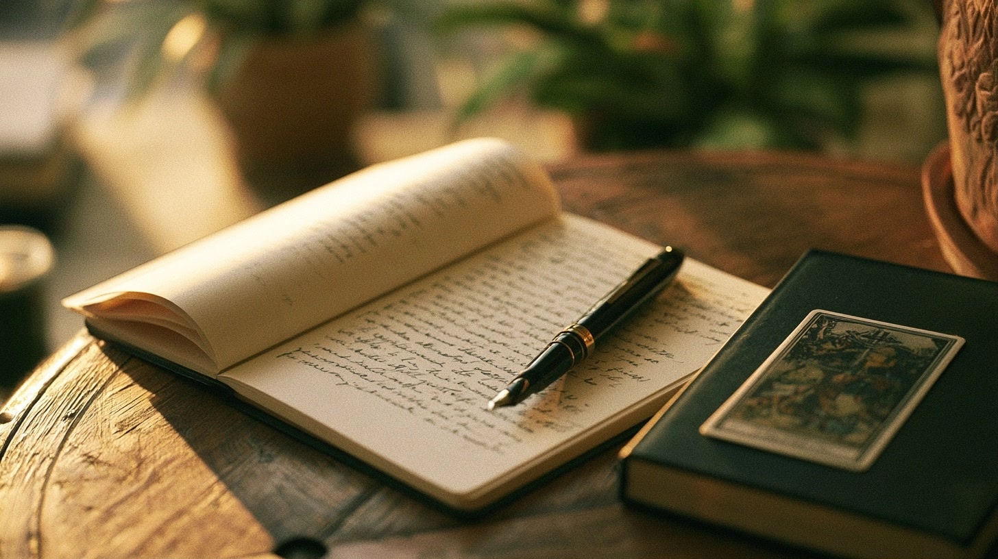 Carnet manuscrit, stylo et carte de tarot sur une table paisible