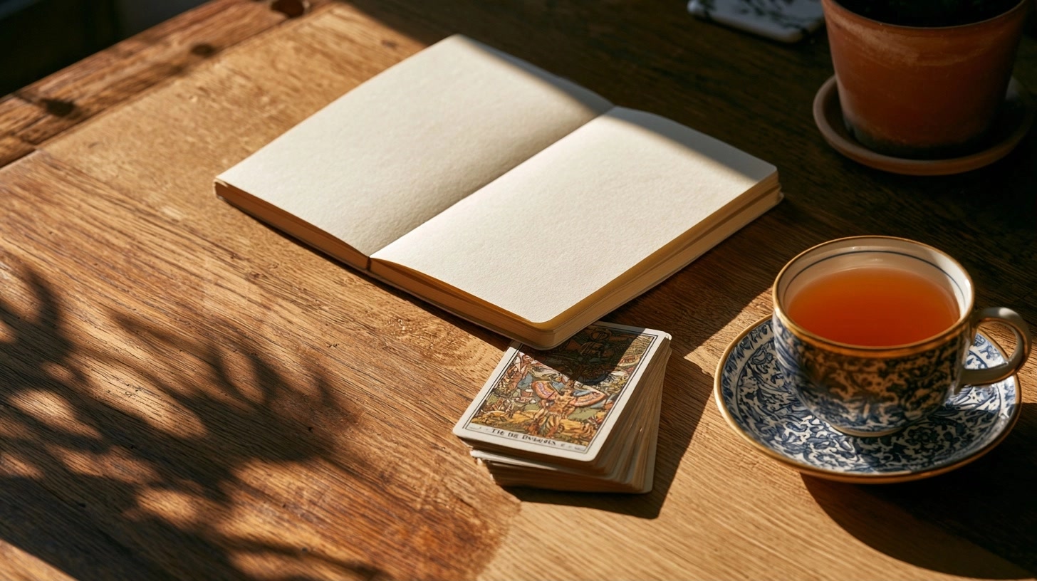 Carnet, carte de tarot et tasse de thé sur une table baignée de lumière, image d’un rituel d’ancrage quotidien