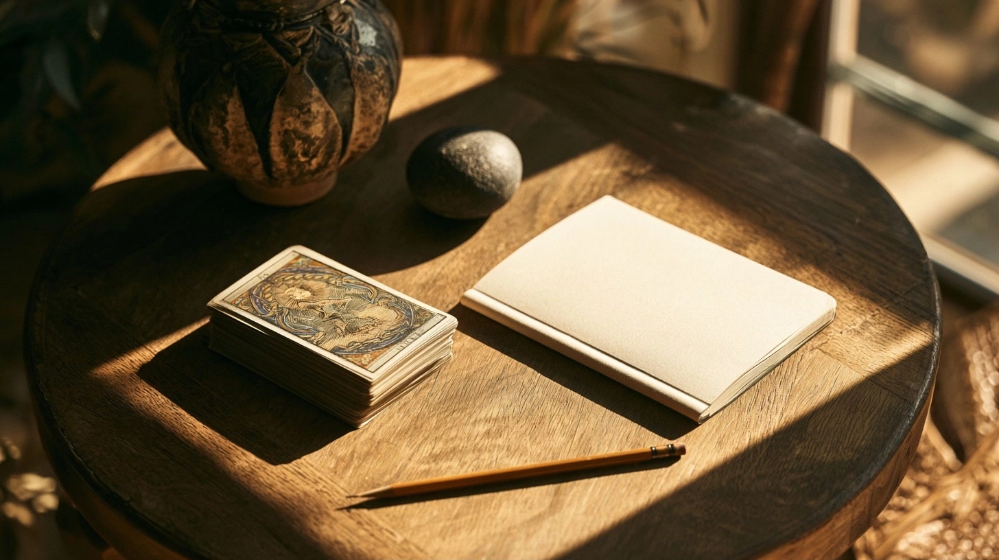 Mains organisant des cartes de tarot, un carnet et une petite pierre sur une table en bois