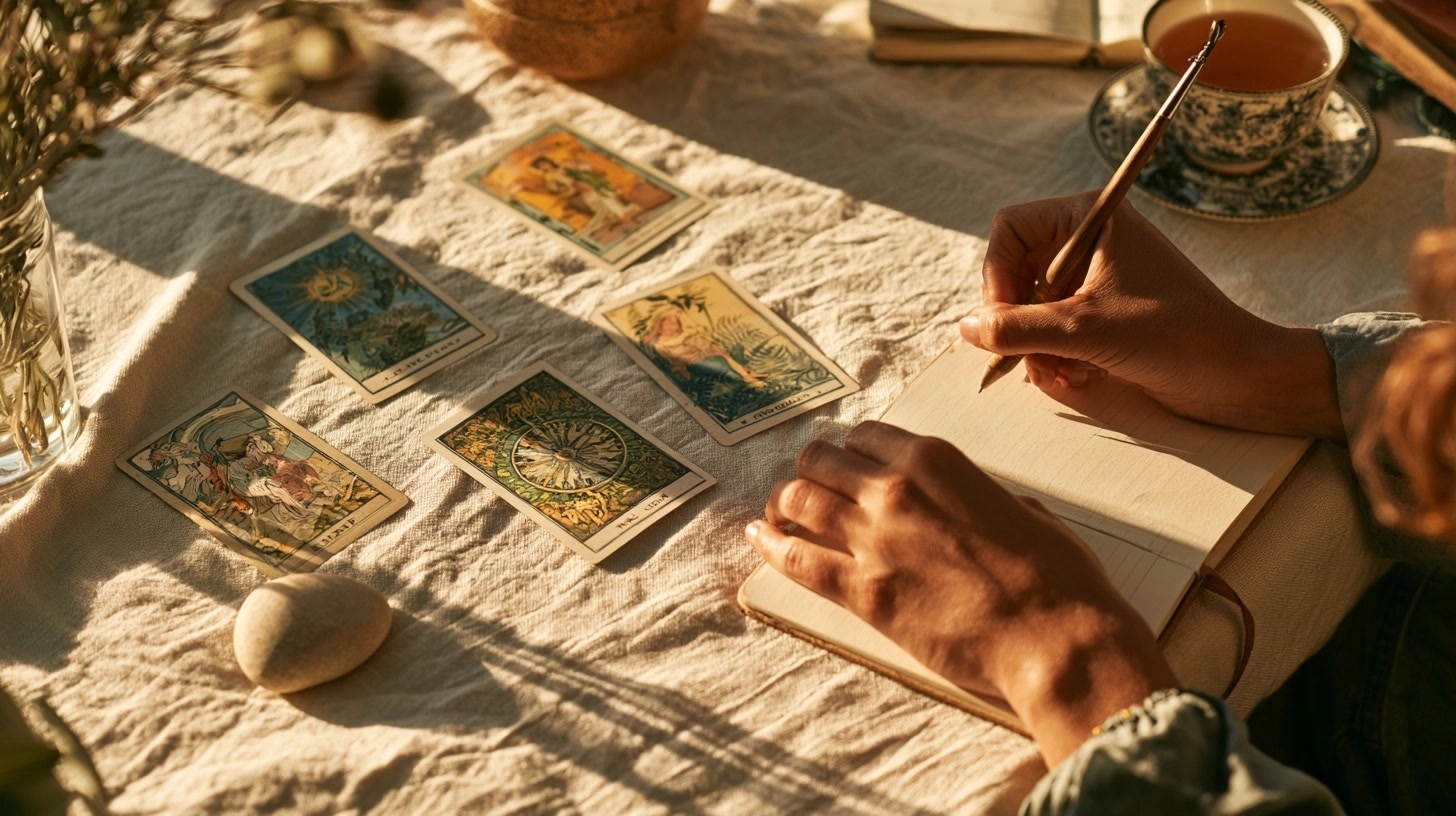 Tirage de quatre cartes de tarot avec un carnet et une main qui note une décision