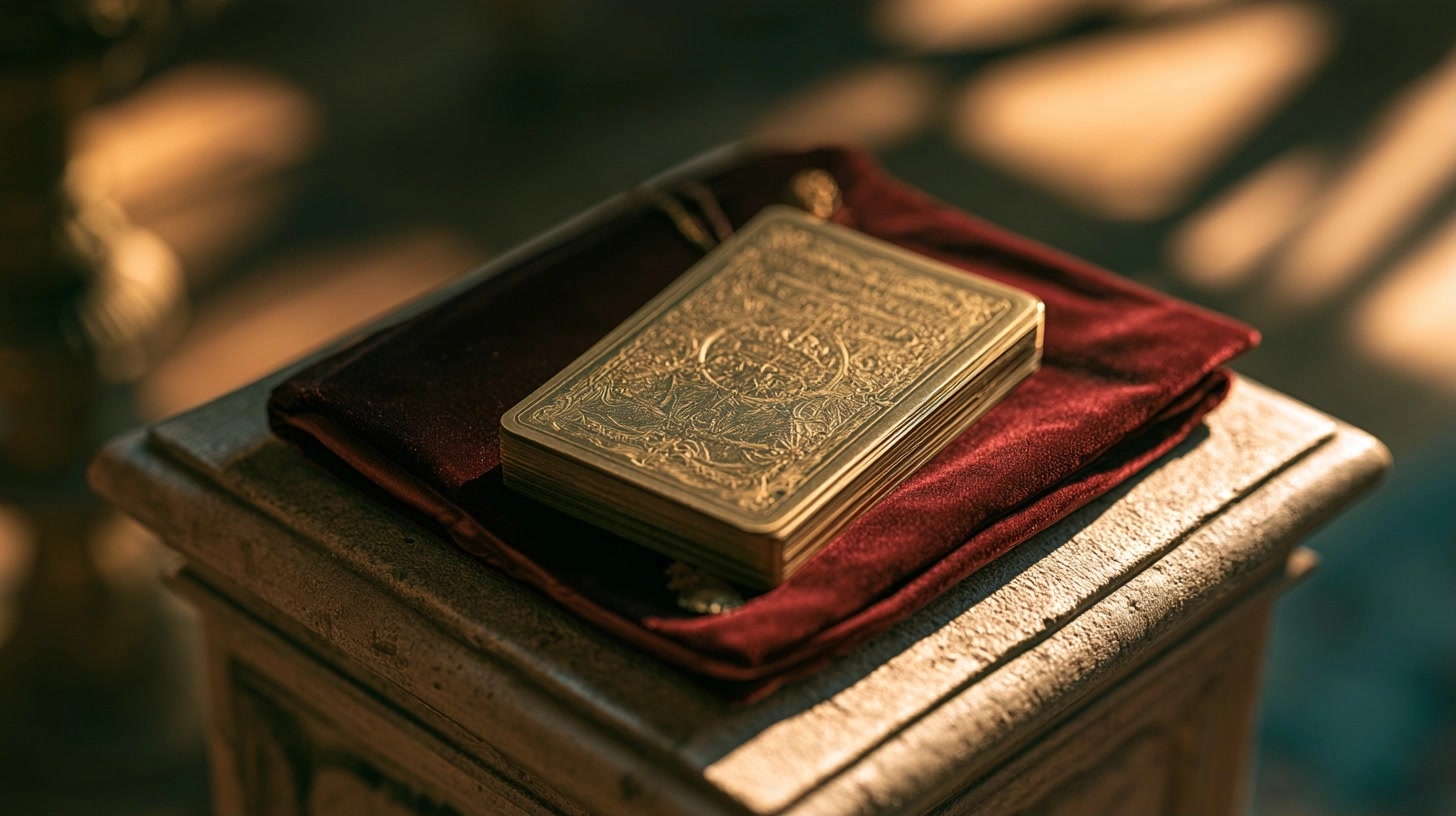 Carte de tarot inspirée de l’Empereur posée devant une sculpture de pierre et une étoffe rouge