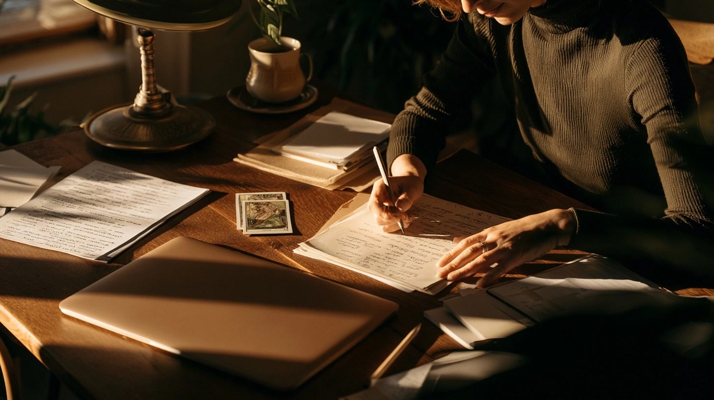 Bureau lumineux avec carnet ouvert, cartes de tarot et outils de planification pour organiser des priorités