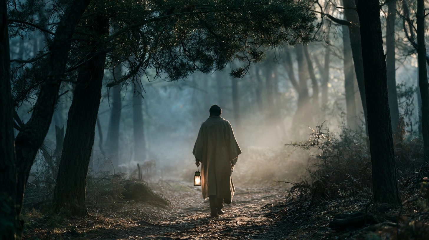 Promenade solitaire en forêt au matin pour évoquer une solitude choisie