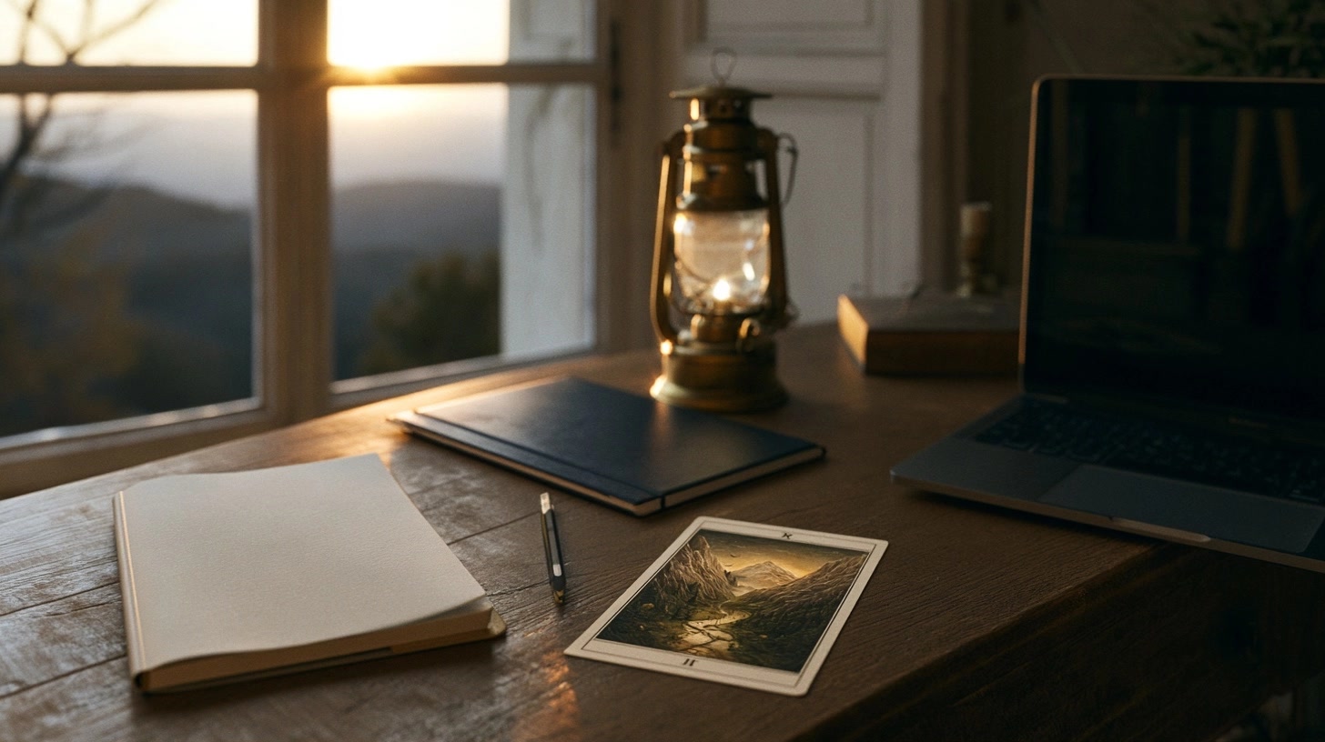 Carnet et lanterne sur un bureau pour réfléchir à un projet professionnel