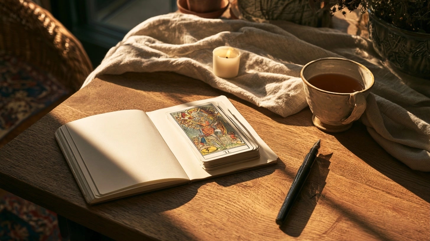 Table en bois préparée avec jeu de tarot, carnet et tasse de tisane