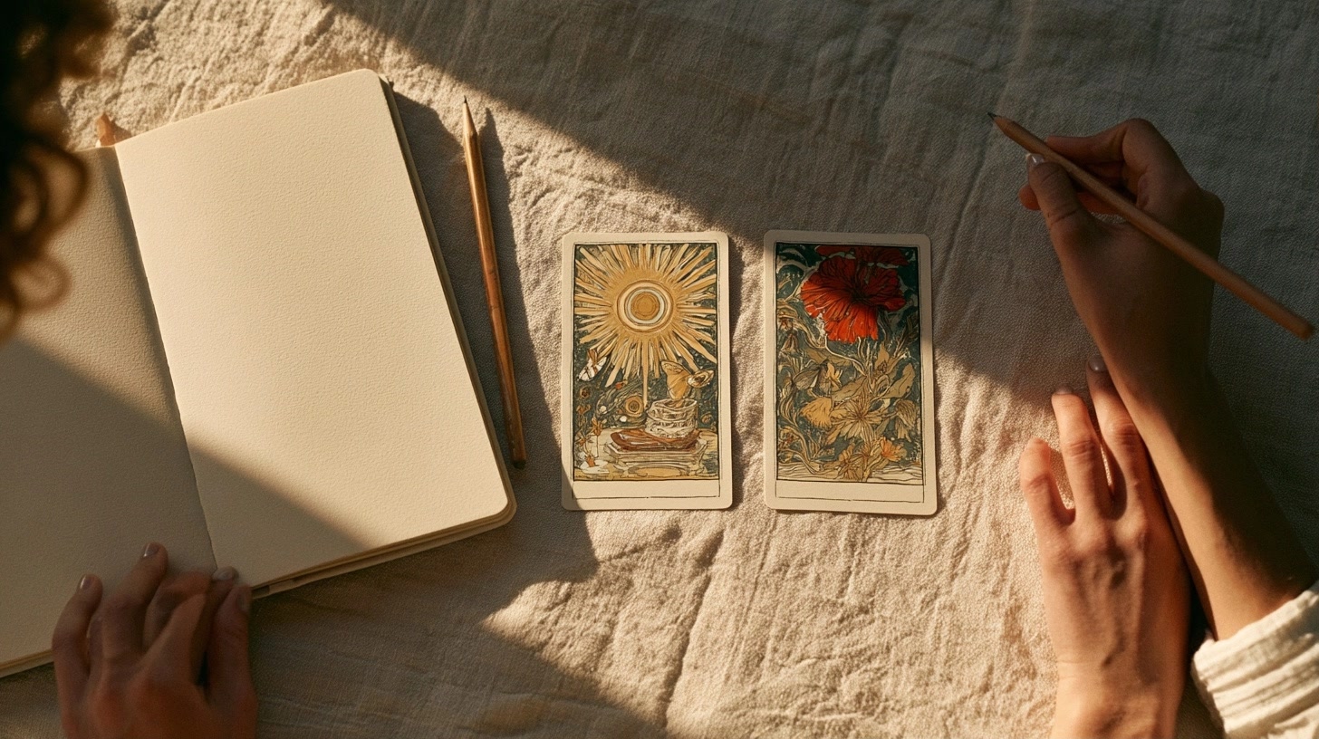 Trois cartes de tarot originales alignées près d’un carnet vierge