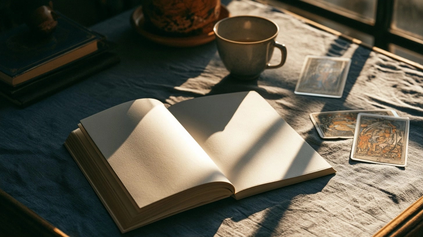 Carnet et cartes de tarot dans une lumière chaude pour évoquer le courage calme