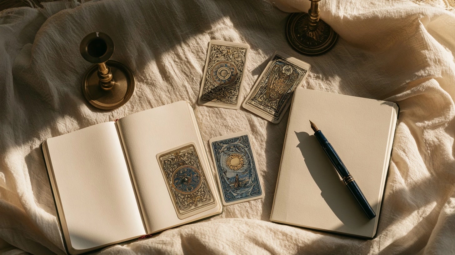 Tirage de tarot et carnet ouvert pour poser une question à La Force