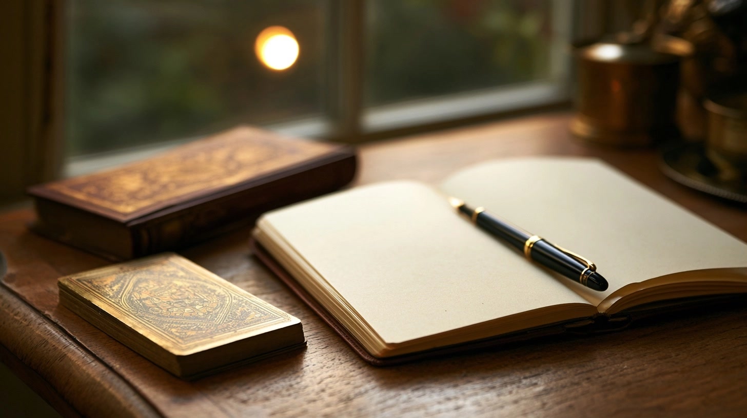 Jeu de cartes sans texte et carnet vierge dans une ambiance douce et apaisée