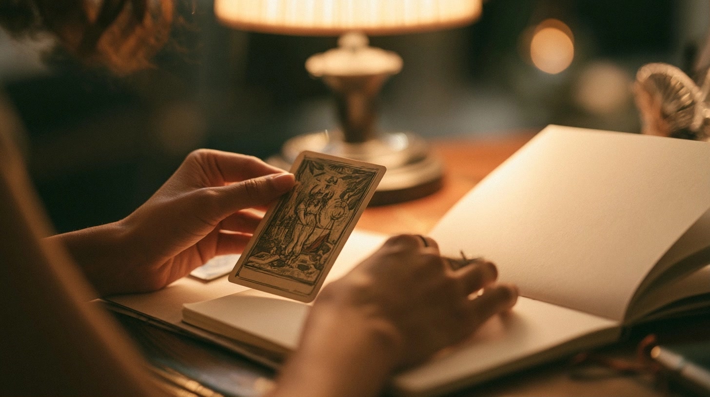 Main observant une carte de tarot près d’une lumière douce