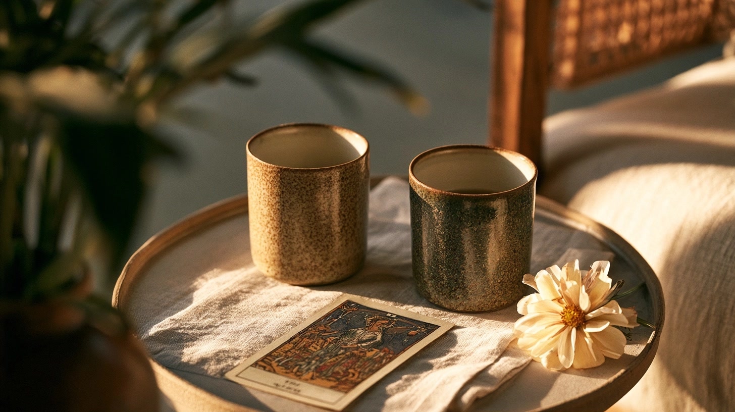 Deux tasses près de cartes de tarot sur une table intime et lumineuse