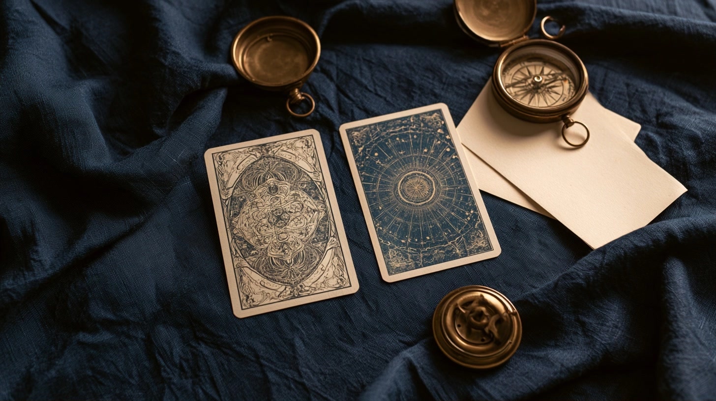 Deux cartes de tarot originales posées face à face sur un tissu bleu nuit