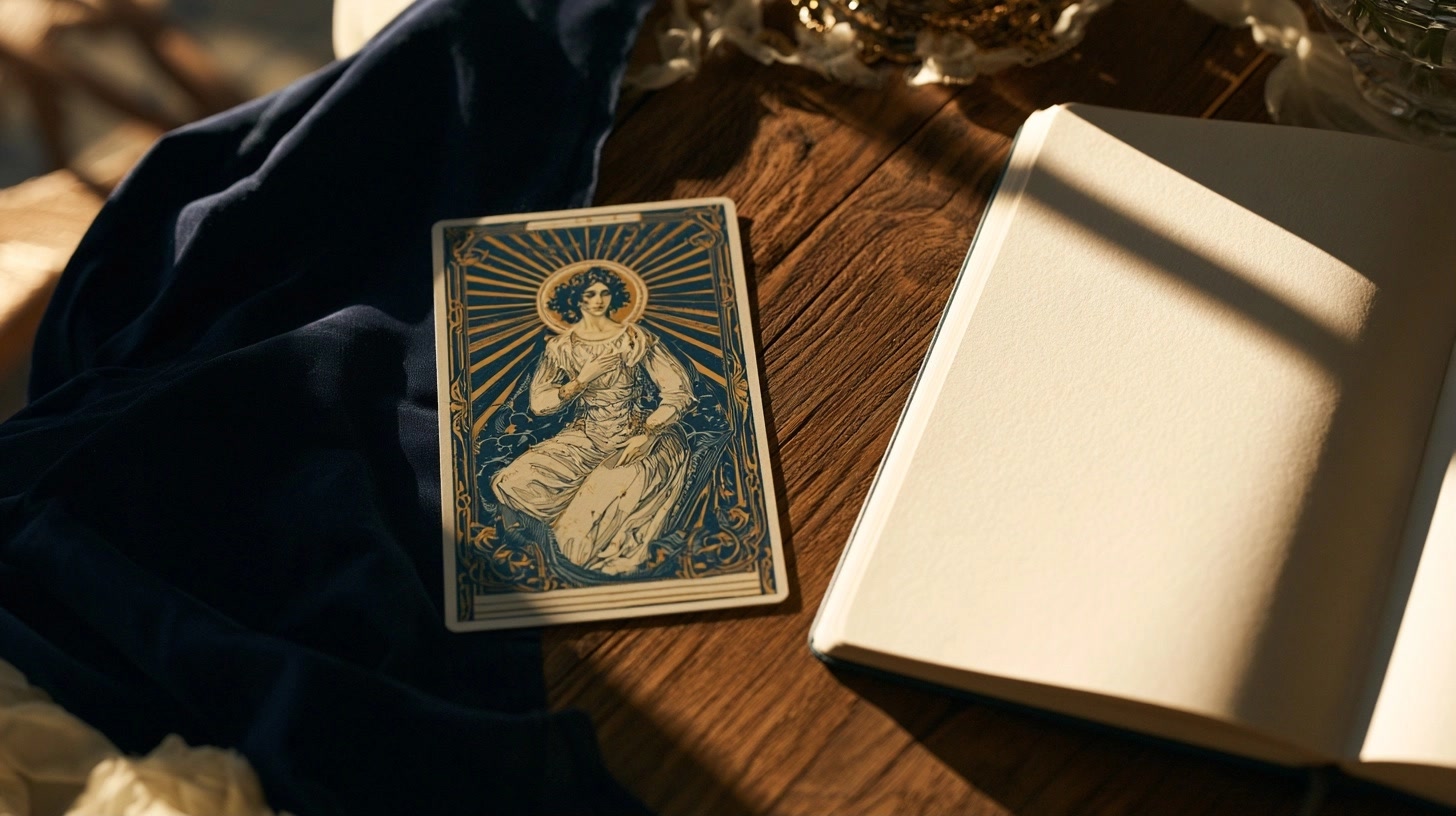 La Papesse du tarot sur une table en bois avec un carnet ouvert dans une lumière douce
