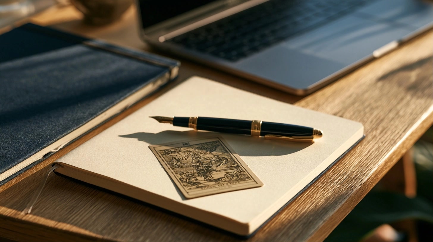 Carnet, ordinateur fermé et carte de tarot sur un bureau soigné
