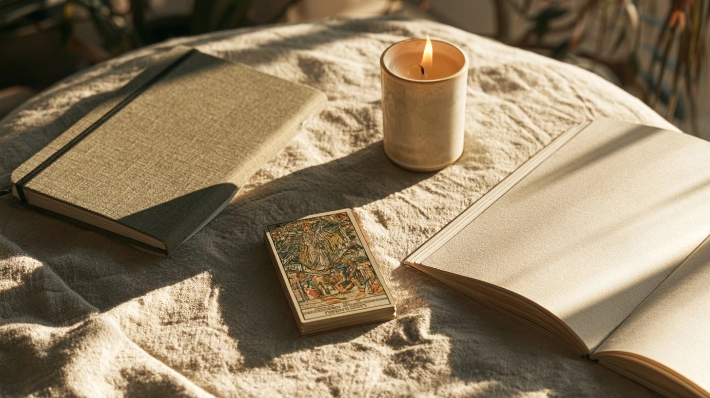 Jeu de tarot, carnet et bougie dans une ambiance sereine