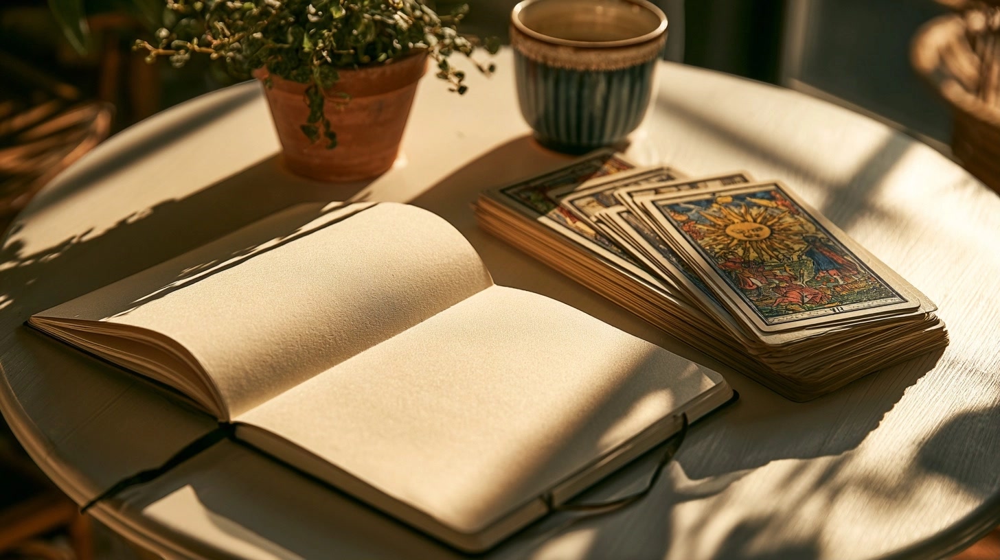 Carnet et cartes de tarot près d’une plante et d’une lumière du matin